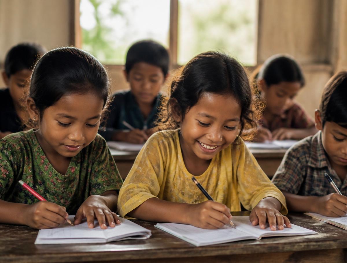 Two girls smile as they write in notebooks at a wooden classroom desk.